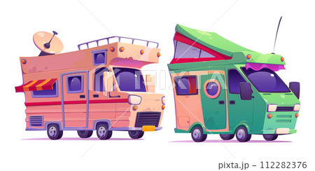 Family camper van with tent for travel concept. Family camper van with tent for travel concept. 112282376