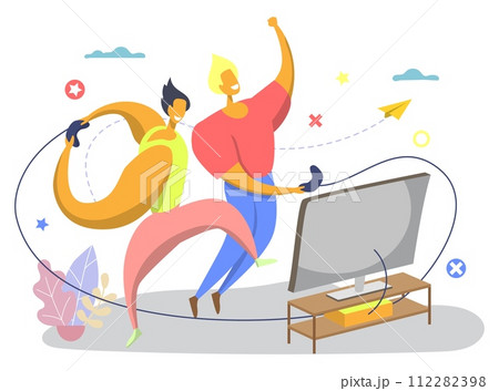 Happy overjoyed friends gamers playing video game on TV Happy overjoyed friends gamers playing video game on TV 112282398