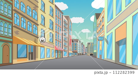 Empty city street with asphalt road, houses and buildings 112282399