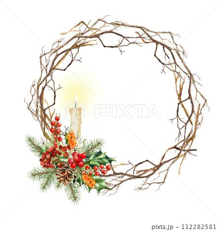 New Year's wreath. Watercolor Christmas drawing. For New Year and Christmas illustrations New Year's wreath. Watercolor Christmas drawing. For New Year and Christmas illustrations 112282581