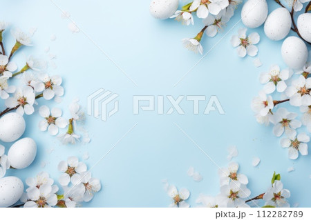 AI-generated content. Easter eggs on a blue background 112282789