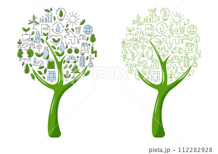 Green eco friendly tree filled with ecology icons and signs. Vector illustration, design element. Ecology concept, recycling sustainability, renewable energy, net zero emissions by 2050 112282928