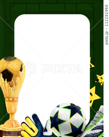 Soccer football frame cup watercolor drawing. Gold prize first star glove sneaker ball. Sports gear train team. Match fan player competition. Gridiron surface whistle competition player. Photoframe 112282968