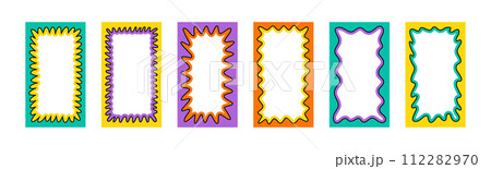 Wave rectangle frame. Doodle scalloped edge border with wavy pattern. Graphic design. Cute curved frame box. Geometric abstract background. Hand drawn vector illustration isolated on white background 112282970