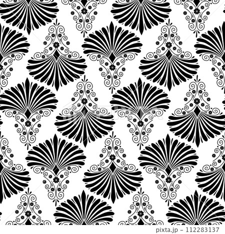 Seamless pattern with black anthemion floral motifs on a white background Seamless pattern with black anthemion floral motifs on a white background 112283137