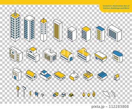 城市景觀的等距插圖集，包括各種建築物 112283808