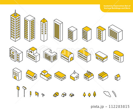 色々な建物など街並みのアイソメイラストセット 112283815