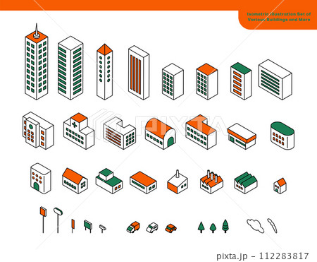 色々な建物など街並みのアイソメイラストセット 112283817