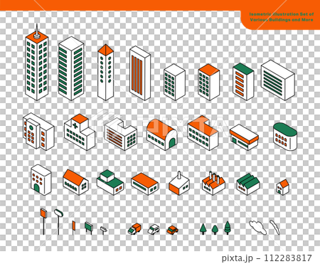 色々な建物など街並みのアイソメイラストセット 112283817