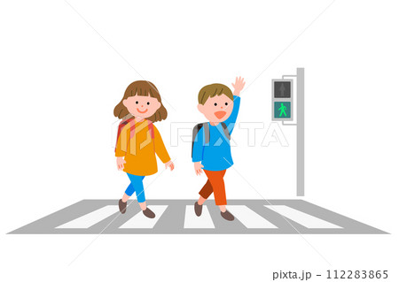 イラスト素材: 交通安全　横断歩道をわたる子供2人 112283865