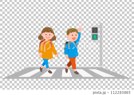 イラスト素材: 交通安全　横断歩道をわたる子供2人 112283865