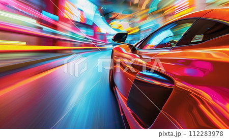 A supercar drives away from the camera with vibrant colors, the environment blurring as it speeds by. A supercar drives away from the camera with vibrant colors, the environment blurring as it speeds by. 112283978