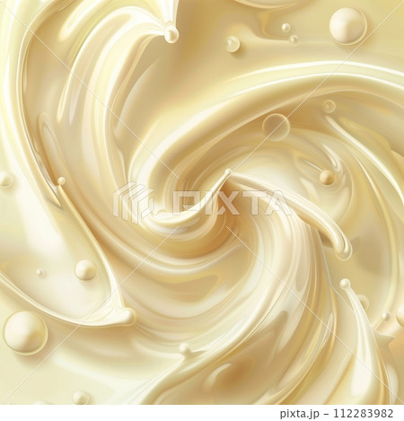 Abstract cream background with a milk wave swirl. Smooth texture flow, gradient splash pattern, and satin ripples. Creamy syrup silk spread with berry pieces. 112283982