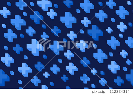 Medical pattern with abstract pluses. Vector healthcare dark background with blue crosses. 3D math symbol texture. Seamless illustration 112284314