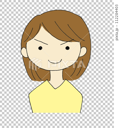 Illustration of a woman smiling and raising the corners of her mouth with a bullish expression Illustration of a woman smiling and raising the corners of her mouth with a bullish expression 112284403