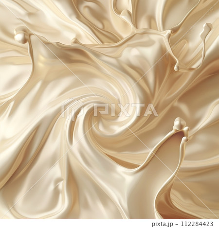 Abstract cream background with a milk wave texture and liquid swirl. Gradient splash with ripple patterns of satin and creamy syrup silk spread, accentuated by berries pieces. 112284423