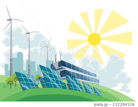 Clean electric energy concept. Renewable electricity resource from solar panels and wind turbines. Ecological change of the future. City skyline and nature landscape on background 112284526