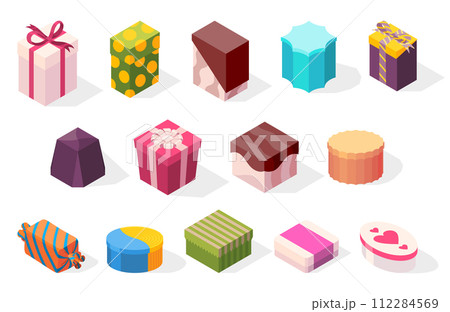 Gift boxes icon set. Pastel colors wrapping with ribbons and bows. Vector holiday present boxes, surprise element, celebration design symbol isolated on white background 112284569