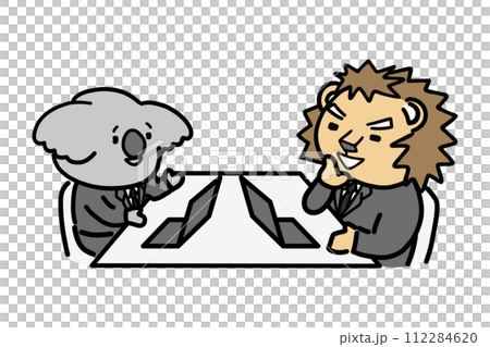 説明をする部下と納得する上司　動物のキャラクター 112284620