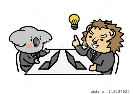 説明をする部下とアイデアがひらめく上司　動物のキャラクター 112284623