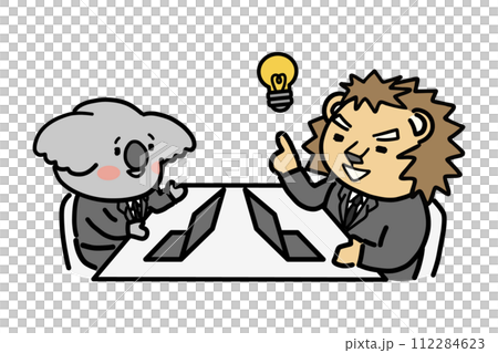 説明をする部下とアイデアがひらめく上司　動物のキャラクター 112284623