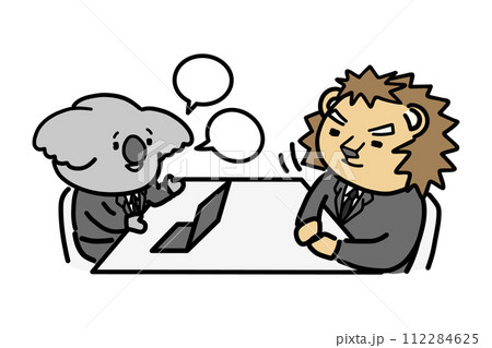 笑顔で説明する部下と話を聞く上司 動物のキャラクター 笑顔で説明する部下と話を聞く上司 動物のキャラクター 112284625
