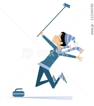 Happy young woman plays curling.  Winter sport. Happy jumping woman with a curling brush and a stone 112284700
