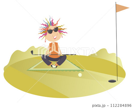 Young woman sitting on the golf course.  Funny young woman with a golf club and many balls getting ready for the game and meditates on the golf course 112284896