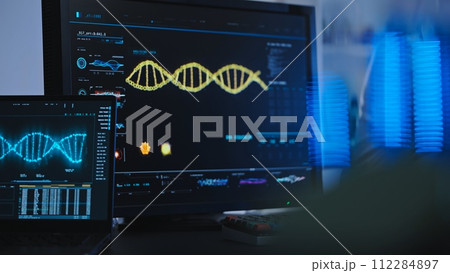 Structure of dna chain on monitors in scientific laboratory, modern technology, research 112284897