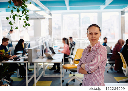 Portrait of young smiling business woman in creative open space coworking startup office. Successful businesswoman standing in office with copyspace. Coworkers working in background 112284909