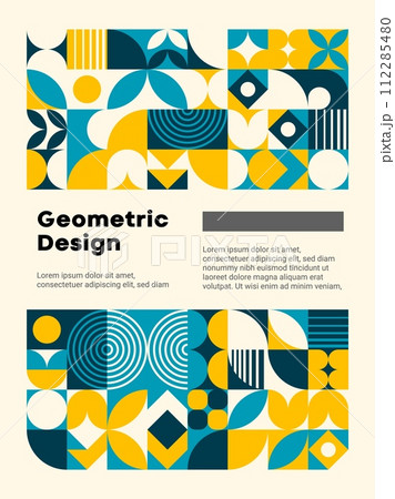 Modern turquoise and yellow abstract geometric pattern poster. Vector simple graphic shapes background banner with minimalist composition of circles, squares, triangles, lines and semispheres Modern turquoise and yellow abstract geometric pattern poster. Vector simple graphic shapes background banner with minimalist composition of circles, squares, triangles, lines and semispheres 112285480