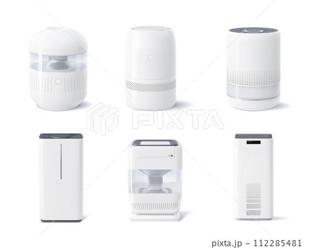 Realistic air purifier. Isolated 3d vector set of devices that removing contaminants like dust, allergens, and pollutants, improving indoor air quality for a healthier and fresher living environment. 112285481