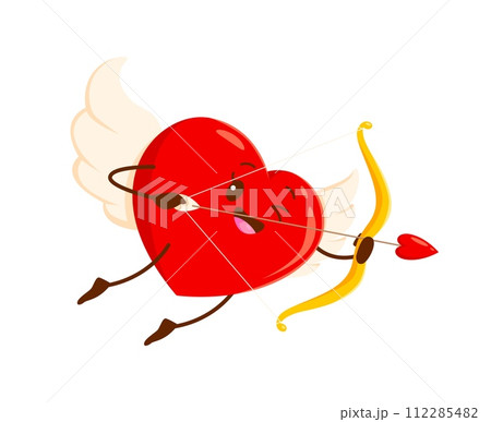 Cartoon love heart cherub cupid character with angel wings, wields a bow and arrow, radiating joy and affection with a mischievous smile. Isolated vector red heart festive personage for Valentines day 112285482