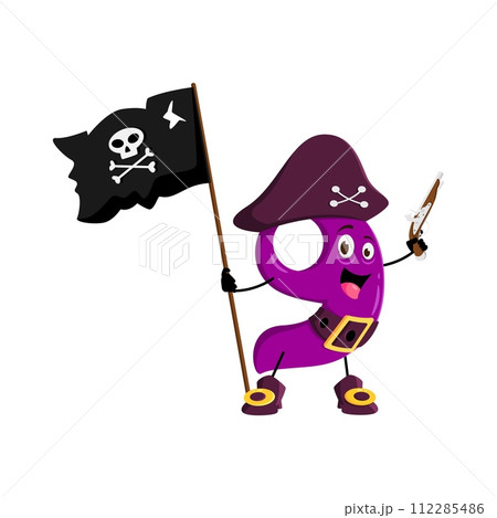 Cartoon math number nine pirate captain and corsair sailor character. Isolated vector fearless numeric buccaneer personage brandishes a flag adorned with skull and a gun, sailing the seas of equations Cartoon math number nine pirate captain and corsair sailor character. Isolated vector fearless numeric buccaneer personage brandishes a flag adorned with skull and a gun, sailing the seas of equations 112285486