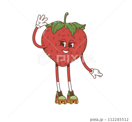 Cartoon strawberry groovy character on rollerblades waving hand. Isolated vector retro berry comic personage enjoying summer vacation and outdoor activities. Cute and funny fruit with positive emotion 112285512