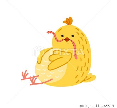 Cute chick with a worm. Isolated vector adorable, tiny chickling with yellow feathers, proudly clutches a wiggling earthworm in its beak. Easter holiday or poultry farm baby bird personage with a prey 112285514