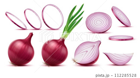 Realistic raw red onion, isolated slice and ring, whole and half vegetable, vector 3d food. Ripe bulb of red or purple onion with fresh green leaves and roots, spicy vegetable, healthy food condiment 112285528