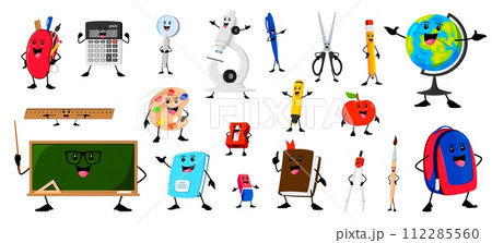 Cartoon cheerful funny school stationery characters. Vector set pencil case, calculator, microscope and pen or scissors. Globe, ruler, paint palette and blackboard. Textbook, notebook, sharpener, bag Cartoon cheerful funny school stationery characters. Vector set pencil case, calculator, microscope and pen or scissors. Globe, ruler, paint palette and blackboard. Textbook, notebook, sharpener, bag 112285560