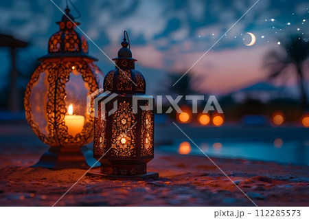 Ramadan Candles and Lamps at Dusk on the Beach 112285573
