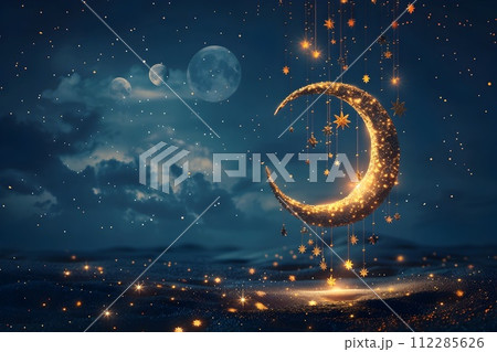 Golden Crescent Moon and Stars in Starry Sky, To provide a beautiful and surreal night sky scene for various design projects, from sci-fi and fantasy Golden Crescent Moon and Stars in Starry Sky, To provide a beautiful and surreal night sky scene for various design projects, from sci-fi and fantasy 112285626