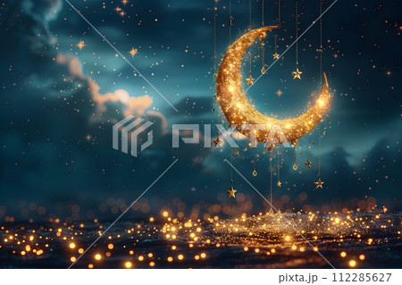 Golden Crescent Moon Shines over Ocean at Twilight Golden Crescent Moon Shines over Ocean at Twilight 112285627