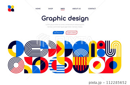 Landing page with abstract geometric pattern border vector template. Modern art graphic shapes website background with color circles, squares and triangles. Minimalist geometric mosaic web banner 112285652