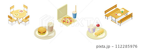 Food Court with Table and Fast Snack Isometric Vector Set 112285976