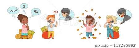 Financial Literacy with Little Children Dealing with Money Cash Vector Set 112285992