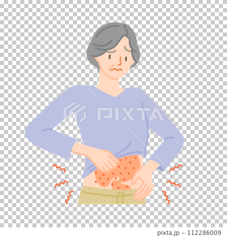 Skin disease: Senior woman irritated by itchy skin on her stomach 112286009