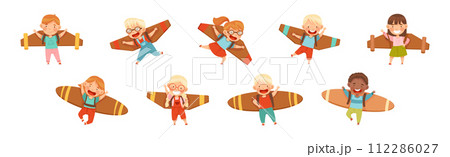 Little Boy and Girl with Cardboard Wings Dream of Flying Vector Set Little Boy and Girl with Cardboard Wings Dream of Flying Vector Set 112286027