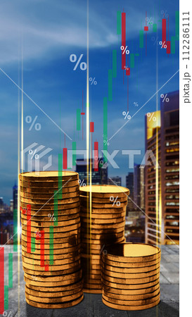 Stack of the golden coin with symbol of rising inflation graph arrow Stack of the golden coin with symbol of rising inflation graph arrow 112286111