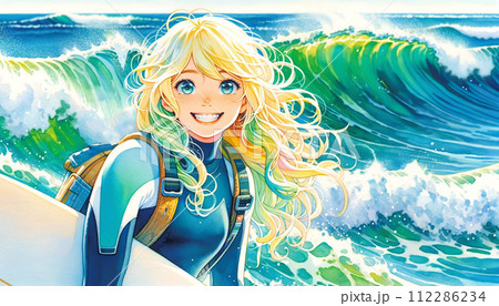 波を背景にサーフィンを楽しむ金髪の女の子 112286234