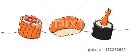 Seafood sushi rolls. Japanese cuisine, traditional food one line drawing. Ikura sushi, tobiko maki, sake nigiri, shrimp roll one line illustration. 112286603