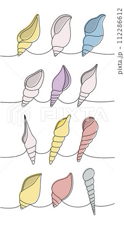Sea shells set. Sea shells, mollusks, scallop, pearls. Tropical underwater shells continuous one line illustration. Vector minimalist illustration. 112286612